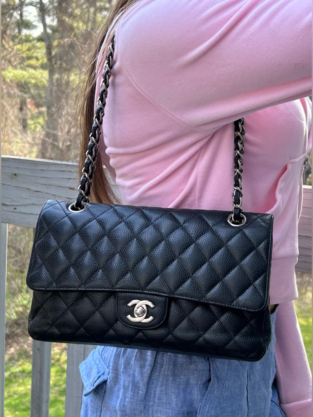CHANEL Medium Classic Double Flap Caviar Quilted Handbag Black